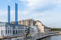 Moscow, Russia - August 29, 2021: Panoramic view of Bolotnaya embankment with GES-2 decommissioned power station after renovation