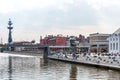 Moscow, Russia - August 29, 2021: Panoramic view of Bolotnaya embankment with GES-2 decommissioned power station after renovation