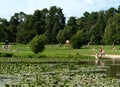 People are bathing dogs in the pond of the park `Kuzminki-Lublino`