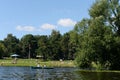 People go boating in the natural-historical park `Kuzminki-Lublino`.