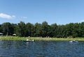 People go boating in the natural-historical park `Kuzminki-Lublino`. Royalty Free Stock Photo