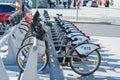 Perspective view on a rent bikes on the city street