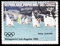 Postage stamp printed in Congo shows Olympics Los Angeles `84, United States, Soling, Windsurfing serie, circa 1984