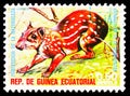 Postage stamp printed in Equatorial Guinea shows Spotted Paca Cuniculus paca, Endangered Animals serie, circa 1974 Royalty Free Stock Photo
