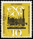 Postage stamp printed in Germany shows First steam locomotive in Germany `Adler` Ludwigsbahn 1835, circa 1960