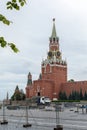 Moscow, Russia - August 24, 2020: Red Square, Spasskaya clock tower in the capital. Preparing for the festival, workers setting up