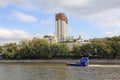 Moscow, Russia - August 07, 2019: River pleasure boat Vasilek and Andreevskaya Embankment Moscow River