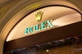 MOSCOW, RUSSIA - AUGUST 10, 2021: Rolex brand retail shop logo signboard on the storefront in the shopping mall. Royalty Free Stock Photo