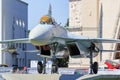 Moscow, Russia - August 01, 2018: Russian fighter SU-27 closeup on Exhibition of Achievements of National Economy VDNH in Moscow