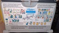 Moscow, Russia, August 5, 2018 Safety instruction aboard the Pobeda airplane. Emergency Landing and Evacuation on Water sign on