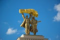 Moscow, Russia, August 14, 2018 - Statue over the arch of the main entrance Park VDNH