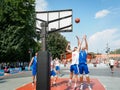 Moscow, Russia - August 4, 2018: Team playing basketball in the Gorky Park in summer. Basketball player throws the ball