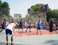 Moscow, Russia - August 4, 2018: Team playing basketball in the Gorky Park in summer. Basketball player throws the ball