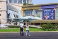 Moscow, Russia - August 01, 2018: Tourist walking near russian fighter SU-27 on Exhibition of Achievements of National Economy VD