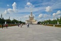 Moscow, Russia - august 25, 2020: Tourists visiting the main pavilion and the monument to Lenin at VDNH Royalty Free Stock Photo