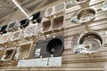 Moscow, Russia - August 17, 2019: Various kitchen sinks on wall demonstration stand in a building materials store