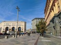 Moscow, Russia - August 12, 2022: View of the beautiful architecture of Moscow on Lubyanka street. People walk along the sidewalk