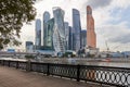 Moscow, Russia, August 21, 2019: View of a group of skyscrapers from the opposite bank of the river on a summer evening