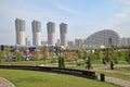 Moscow, Russia, August 28, 2021:  View of high-rise buildings from Khodynskoye field - Moscow park in southern part of historic ar Royalty Free Stock Photo