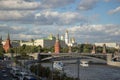 Moscow, Russia, August 13, 2018 - view of the Moscow Kremlin, the Big Stone bridge and the Moscow-river from the Patriarchal Royalty Free Stock Photo