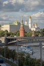 Moscow, Russia, August 13, 2018 - view of the Moscow Kremlin, the Big Stone bridge and the Moscow-river from the Patriarchal Royalty Free Stock Photo