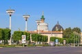 Moscow, Russia - August 01, 2018: View of pavilion Ukrainian SSR on VDNH in Moscow on a sunny summer morning from Central alley