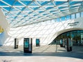 MOSCOW, RUSSIA - AUGUST 11, 2018: Zaryadye the entrance to the building. The curved canopy of glass and metal Royalty Free Stock Photo