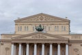 12-10-2019, Moscow, Russia. The Bolshoi Theater is the central facade of the building with columns and equestrian sculpture. Royalty Free Stock Photo