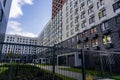 MOSCOW, RUSSIA - 04.10.2021: Buildings facades in housing complex Mitino Park, construction company Pik. Modern symmetry