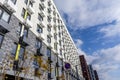 MOSCOW, RUSSIA - 04.10.2021: Buildings facades in housing complex Salarievo, construction company Pik. Modern symmetry