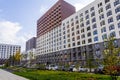 MOSCOW, RUSSIA - 04.10.2021: Buildings facades in housing complex Salarievo, construction company Pik. Modern symmetry