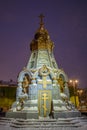 Chapel-monument to the heroes of Pleven in the winter evening in snowfall. Moscow, Russia