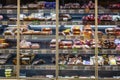 Moscow, Russia, 15/05/2020: Chilled meat products on a refrigerated showcase in a supermarket. Front view