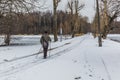 Moscow, Russia- Circa January 2017 - Man walks on a snow road in
