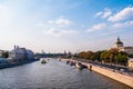 Moscow, Russia - Circa September 2018 : Panorama of Moscow river with boats and embankment and view on Kremlin on red Square Royalty Free Stock Photo