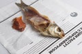 MOSCOW / RUSSIA - 24/05/2020 close up top view shot of a dressed dried salted vobla Caspian Roach fish, its separated head and