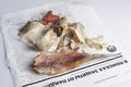 MOSCOW / RUSSIA - 24/05/2020 close up top view shot of a dressed dried salted vobla Caspian Roach fish, its separated head,