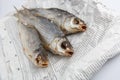 MOSCOW / RUSSIA - 13/05/2020 close up top view shot of three dried salted vobla Caspian Roach fish lying on a Russian newspaper