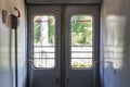 Moscow, Russia, 27/06/2020: Closed doors in the vestibule of the train. The inscription on the glass: do not lean