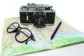 Vintage photo camera on the white background. Retro photo camera close up.