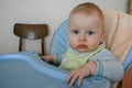 Cute baby boy sitting on the baby chair and waiting dinner.