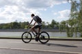 MOSCOW, RUSSIA - 06.20.2018: Cycle biker in Gorky Park moving on