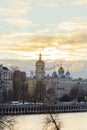 Moscow, Russia - 02.27.2019: Dawn over Moscow. Temple church chapel crosses and domes Novospassky Stavropegic Monastery and
