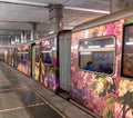 Moscow, Russia -26 Dec. 2021. Watercolor - name train with paintings in the Moscow metro at Myakinino station