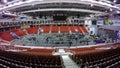 MOSCOW, RUSSIA - DECEMBER, 2017: Assembly of the indoor ice rink for the installation of the Boxing ring. One room is