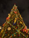 Moscow, Russia - December 1, 2019: Beautiful main Christmas tree, stands on Red Square. Bright colored balls, toys in the form of