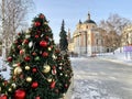 Moscow, Russia, December, 04, 2022. Christmas tree on the background of the Church of the Great Martyr Barbara in winter on a clea Royalty Free Stock Photo