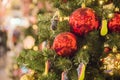 MOSCOW, RUSSIA - DECEMBER 06, 2017:Christmas tree background and Christmas decorations. Colorful balls and toys on green fir Royalty Free Stock Photo