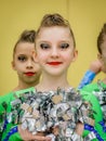 Moscow, Russia - December 22, 2019: Portrait young girl of school age before speaking at cheerleaders sports show