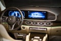 Moscow, russia - december 24, 2019: close-up of premium LED ambiant light empty interior of premium SUV Mercedes GLS class night